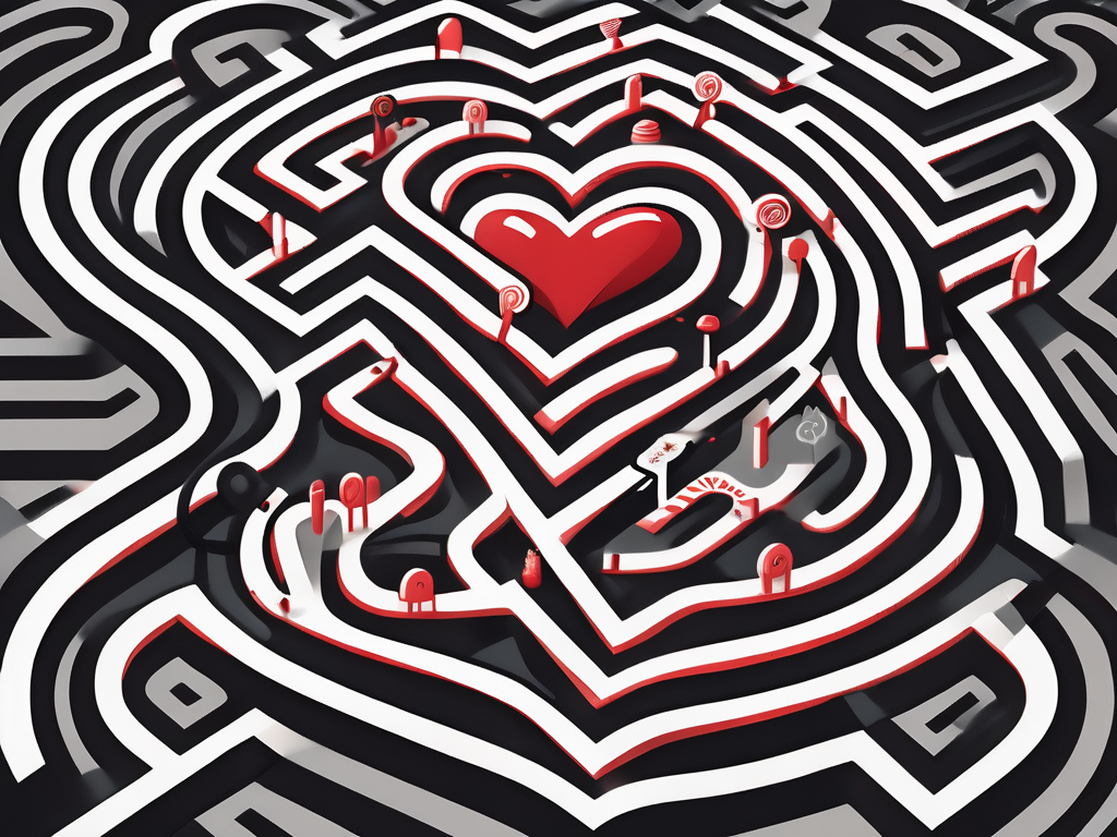 an intricate maze with various paths leading to a heart at the center, symbolizing the complex psychological journey of a serial cheater, with signs and symbols representing temptation and conflict along the way, hand-drawn abstract illustration for a company blog, white background, professional, minimalist, clean lines, red, white, and black